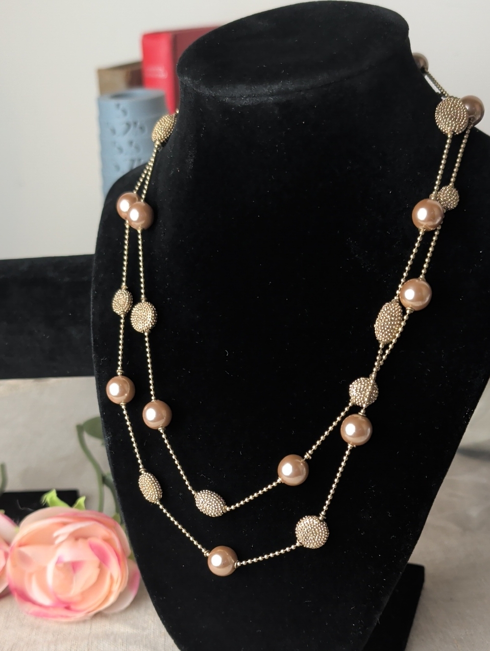 Vintage Kiam Family Gold and Champagne Faux Pearl Bead Layered Necklace